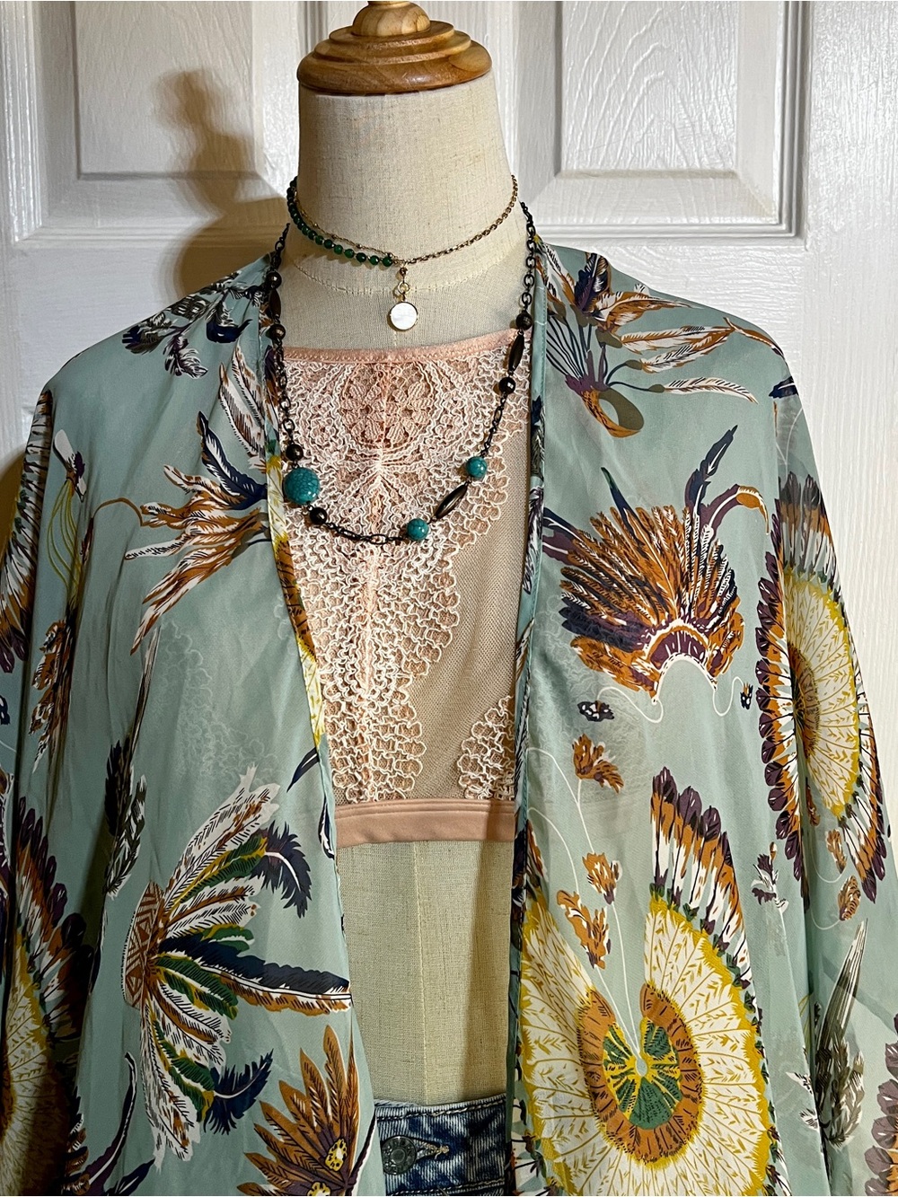 Umgee Wms Teal Feather Print Sheer Crochet Kimono Boho Festival Open Top‎ M/L - Picture 3 of 9